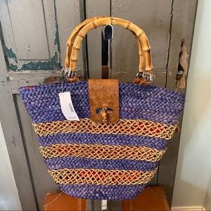 Blue Tan Straw Bag Bamboo Handles NWT